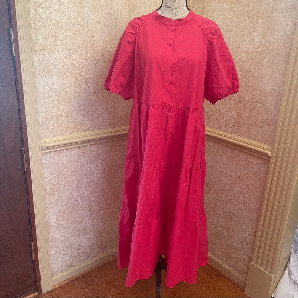 Ann Taylor Loose Fit Tiered Voluminous Maxi Cotton Blend Dress Fuchsia Sz XL - Picture 2 of 11